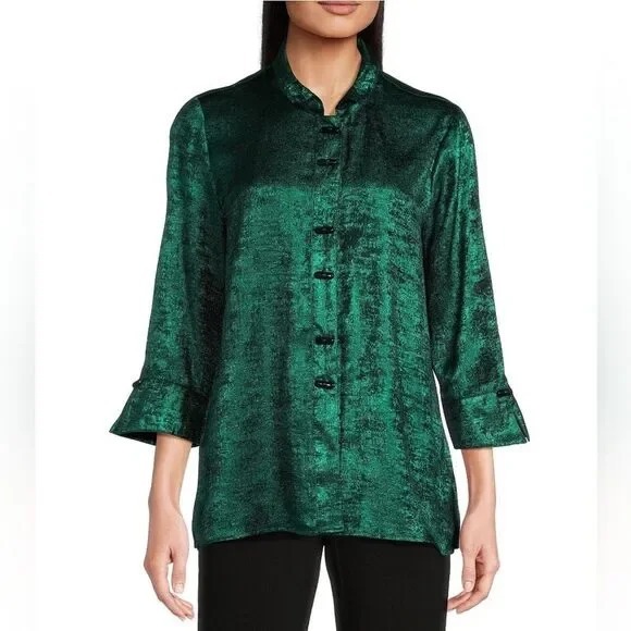 Ali Miles Women's Size 1X Green Shimmer Wired Collar Button Up Tunic‎ Top Shirt - Picture 9 of 9